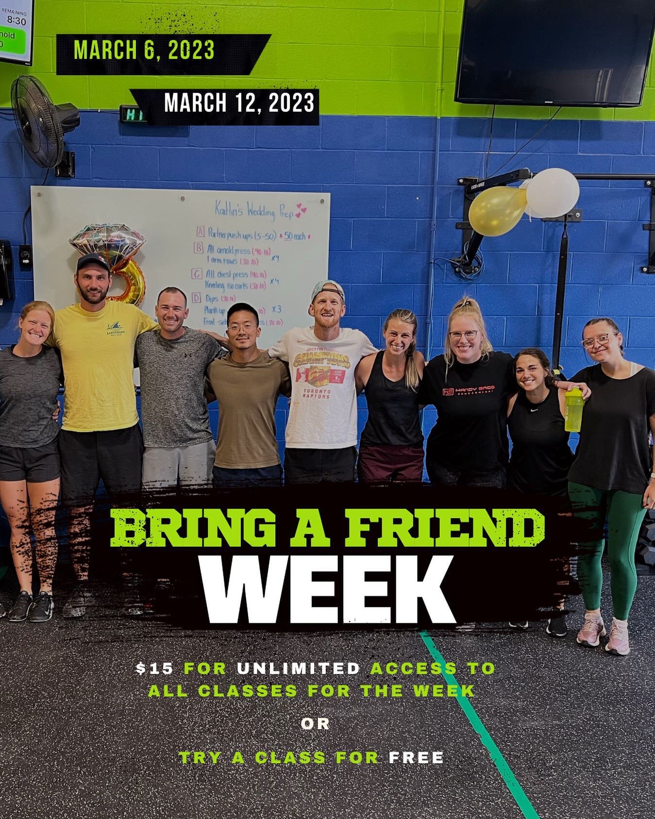 ⏰YOU KNOW WHAT TIME IT IS⏰

⚡️Bring A Friend Week is back!⚡️

From March 6th ➡️ March 12th, bring your peeps in! 

Bring your peeps in for a FREE class (you can bring a different friend every day) 

OR 

Your peeps have full access to the gym for the