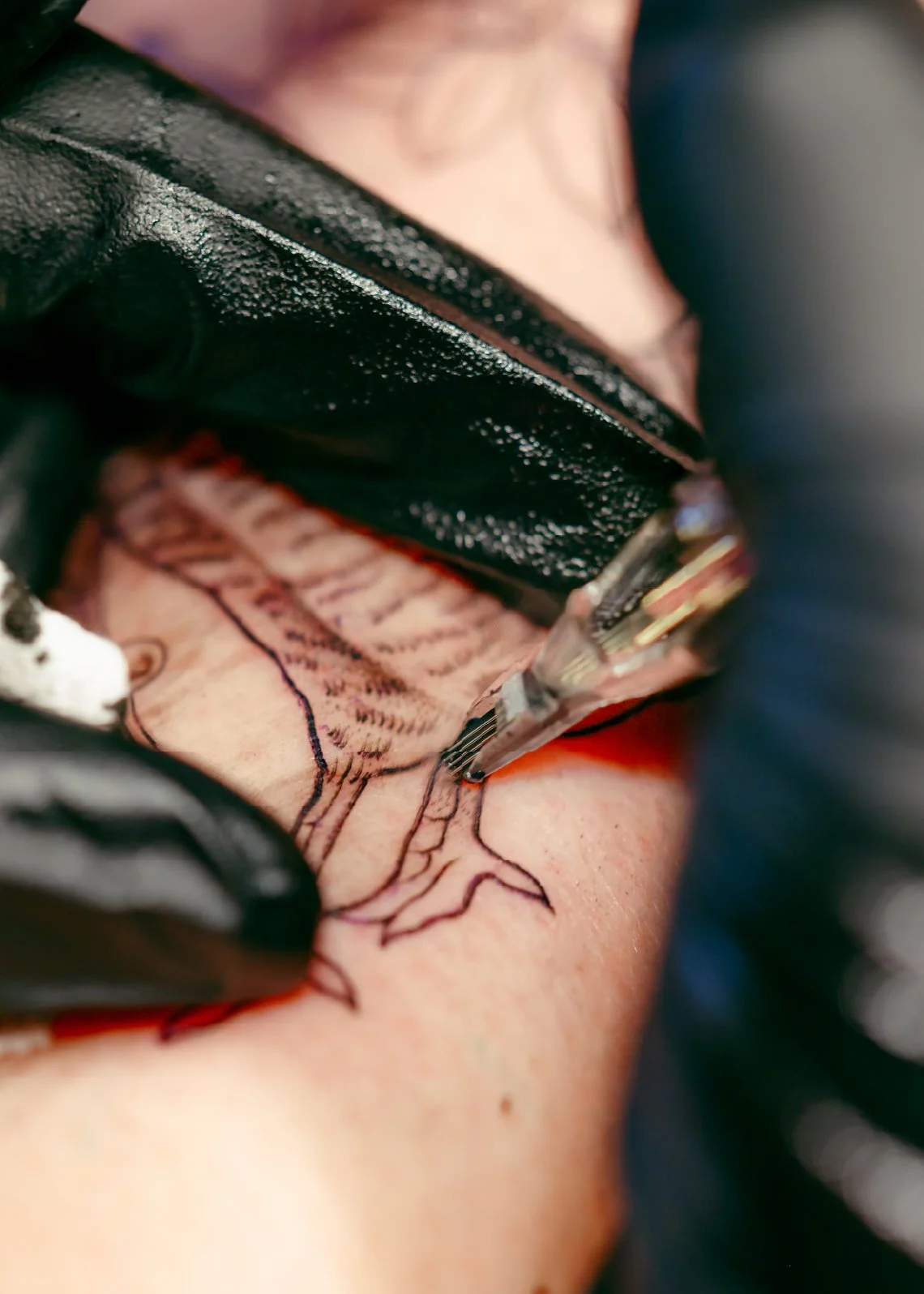 Close-up of a tattoo being outlined on a person's skin with a tattoo needle, with black tattoo ink and gloves visible.