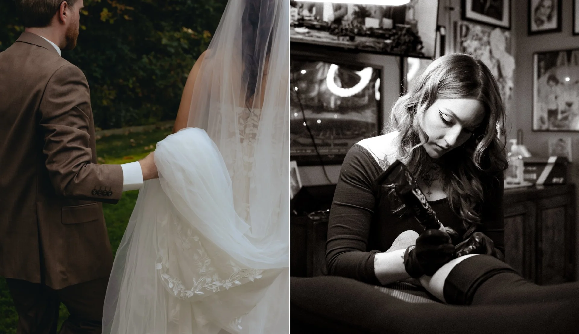 Left side shows a man kneeling outside holding a wedding dress, with a woman standing in front of him, wearing a veil; right side shows a woman sitting indoors in black gloves, tattooed arm, and dark clothing, looking down while holding a tattoo machine.
