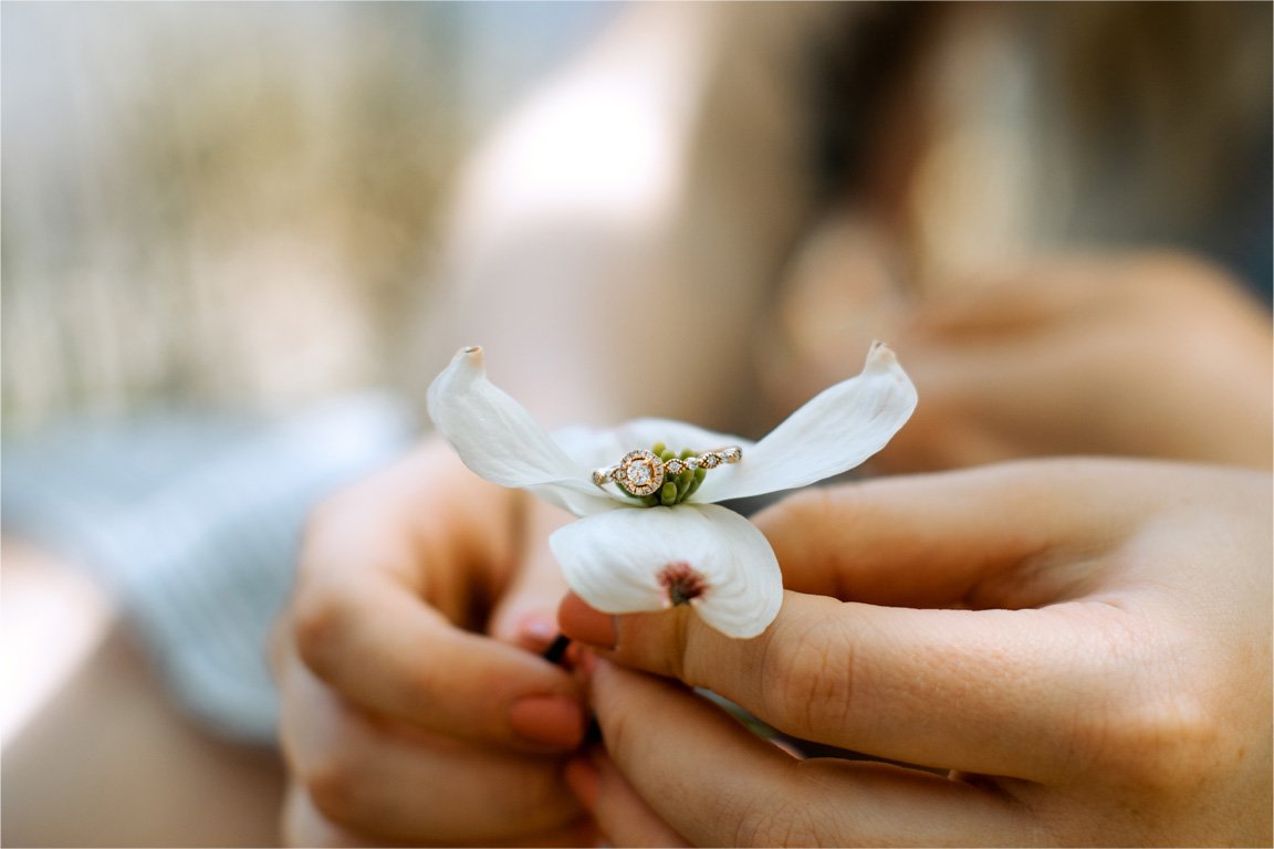 Close-up of a hand holding a small white flower with an engagement ring on its petals