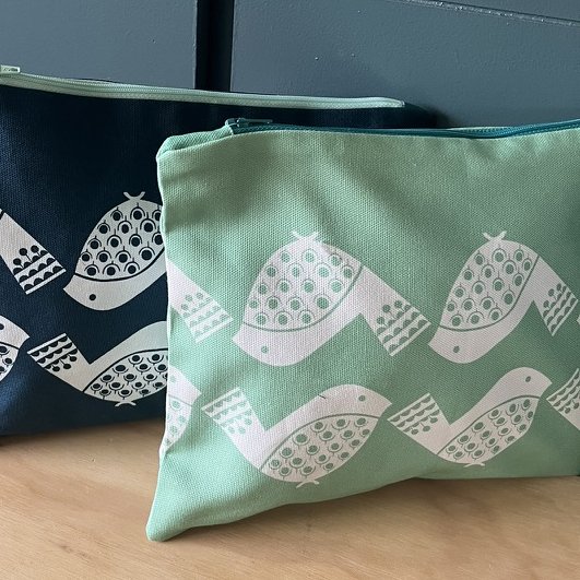 Handmade Mint Green Bird Print Zip Bag/Pouch | British Made