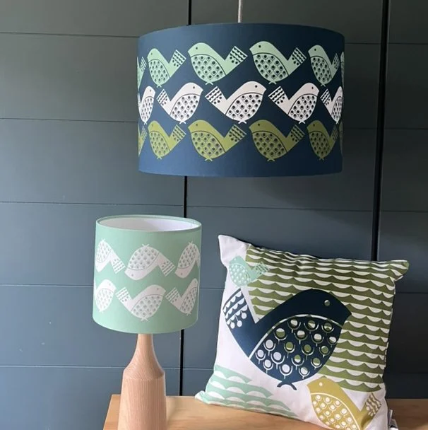 Handmade Bird Print Lampshade. - Navy, Mint & Green | British Made - Available in 30cm & 40cm