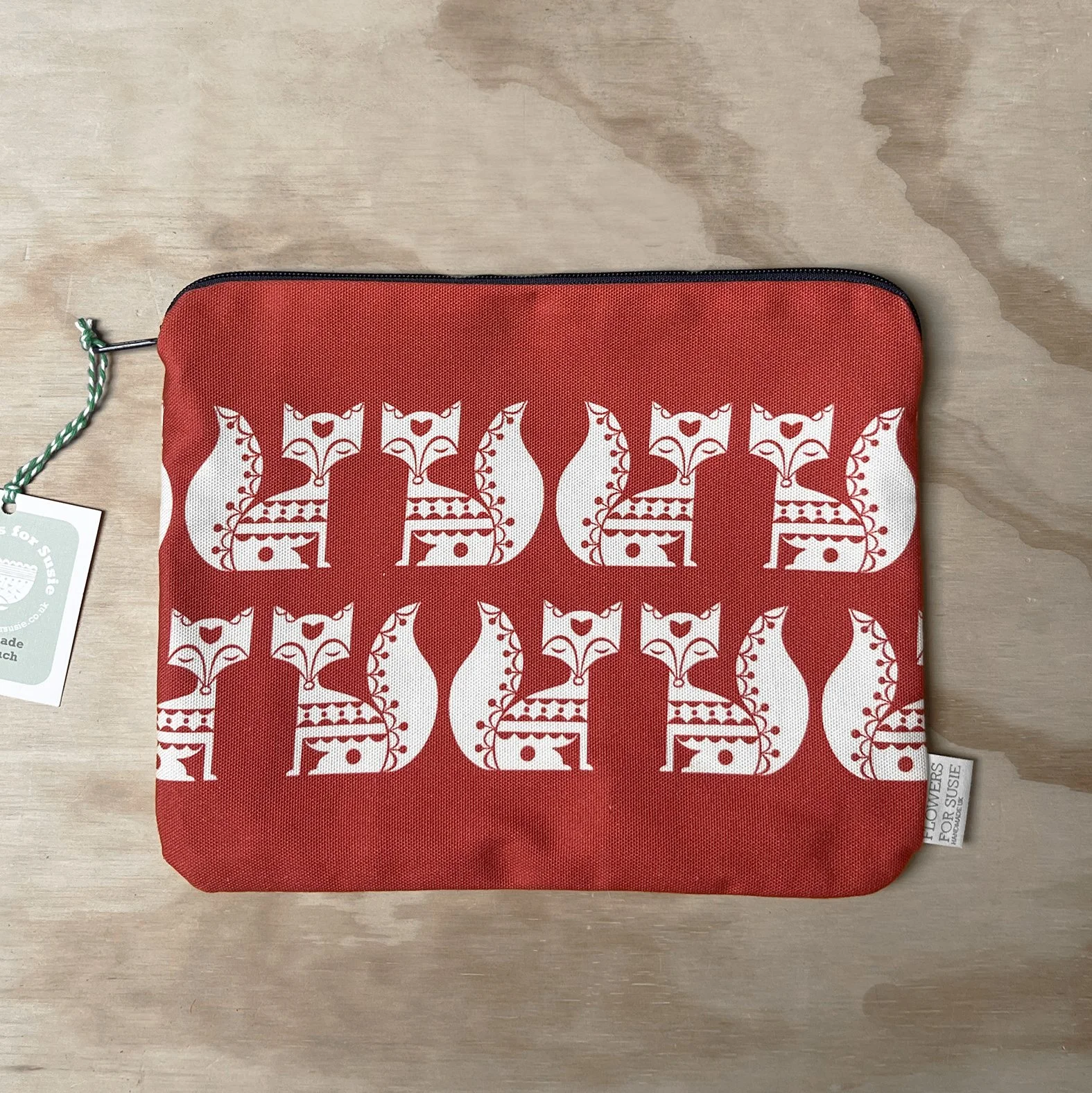 Handmade Red Fox Print Zip Bag/Pouch | British Made