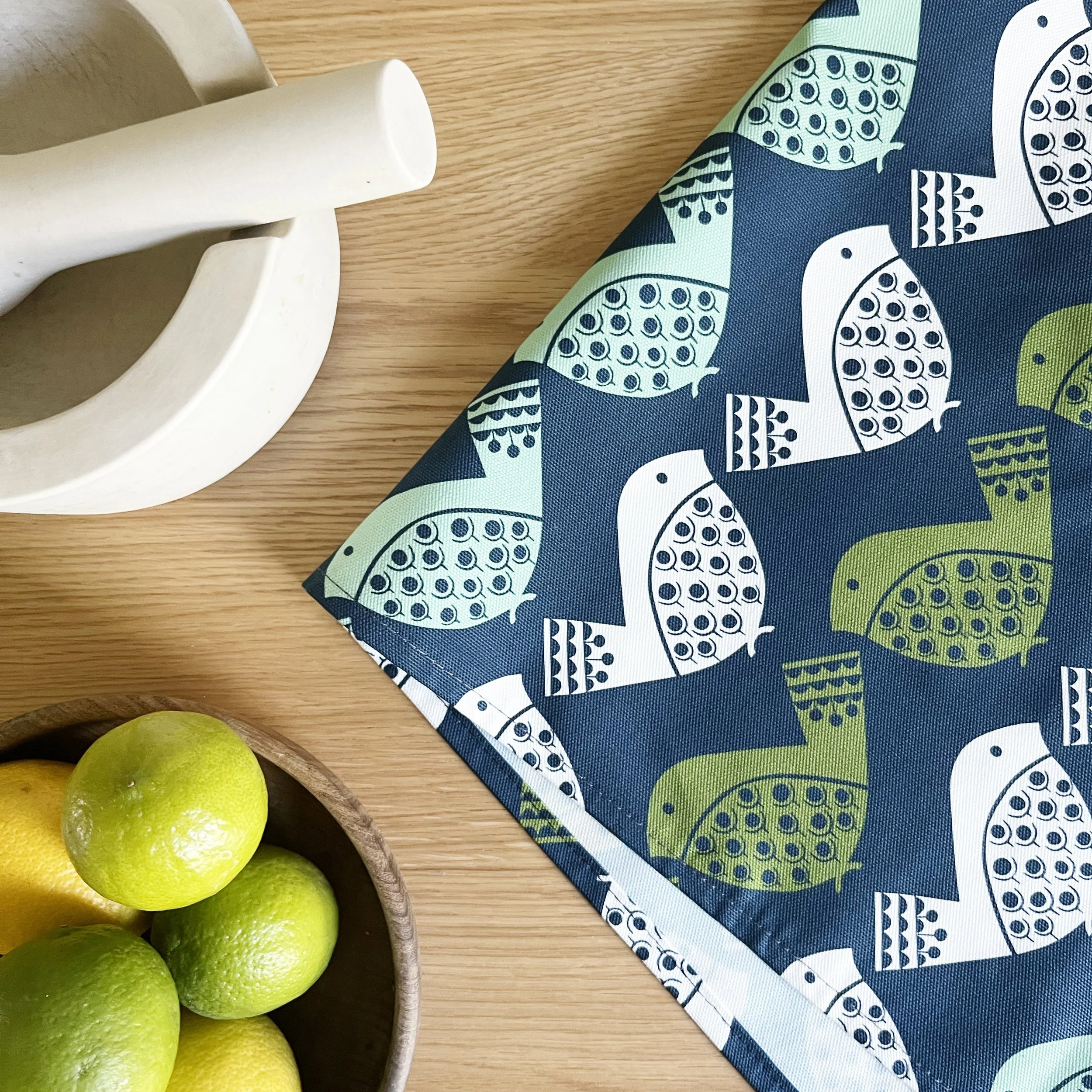 Bird Print Tea Towel Navy, Mint & Olive | British Made