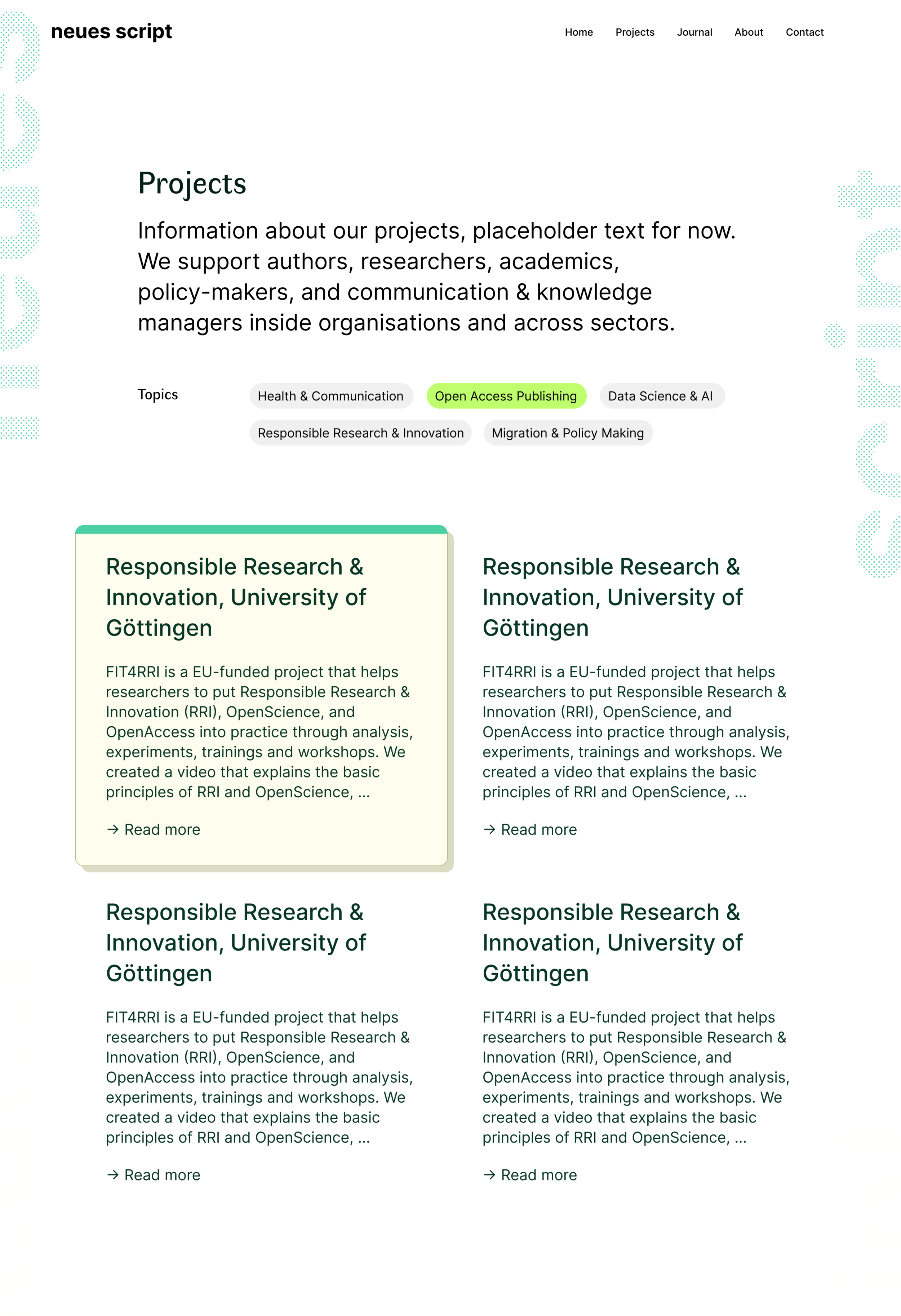 Neuescript_Work-in-progress projects page showing introductory text, rounded topic filter tags, and a simplified stacked layout
