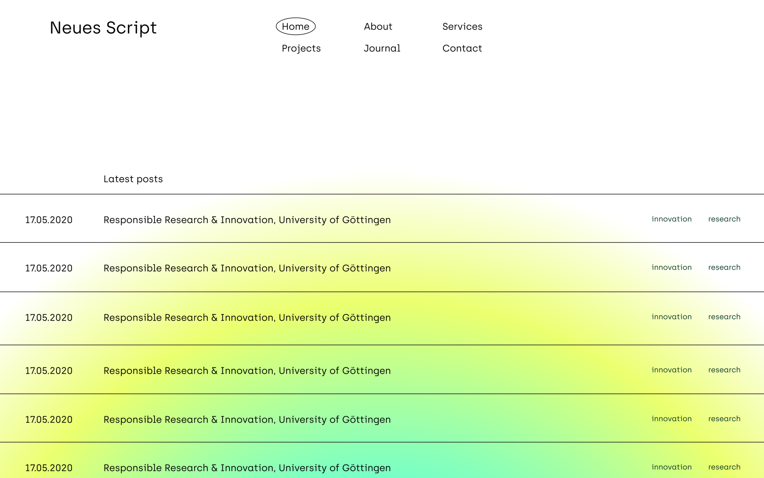 Work-in-progress website homepage showing a minimal top navigation and a vertical list of project cards over a soft green gradient background.