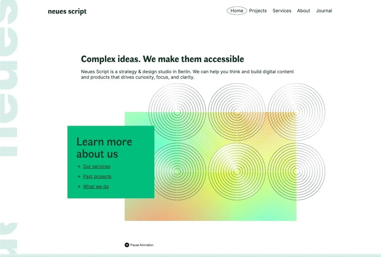 Neues Script homepage hero with the headline “Complex ideas. We make them accessible,” minimal navigation, and an abstract graphic combining gradient blocks, concentric circles, and a callout panel linking to services and projects.