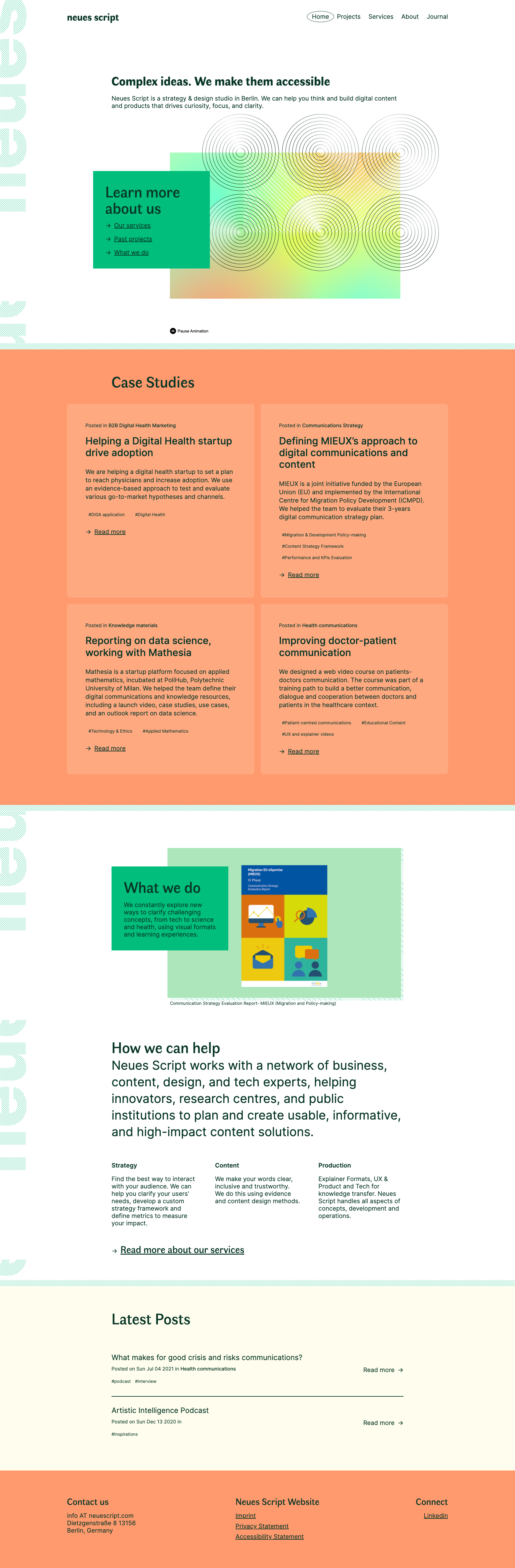 Early Neues Script website concept featuring four case study cards in a grid and a lower section presenting the studio’s value proposition, sample publication, and service areas.