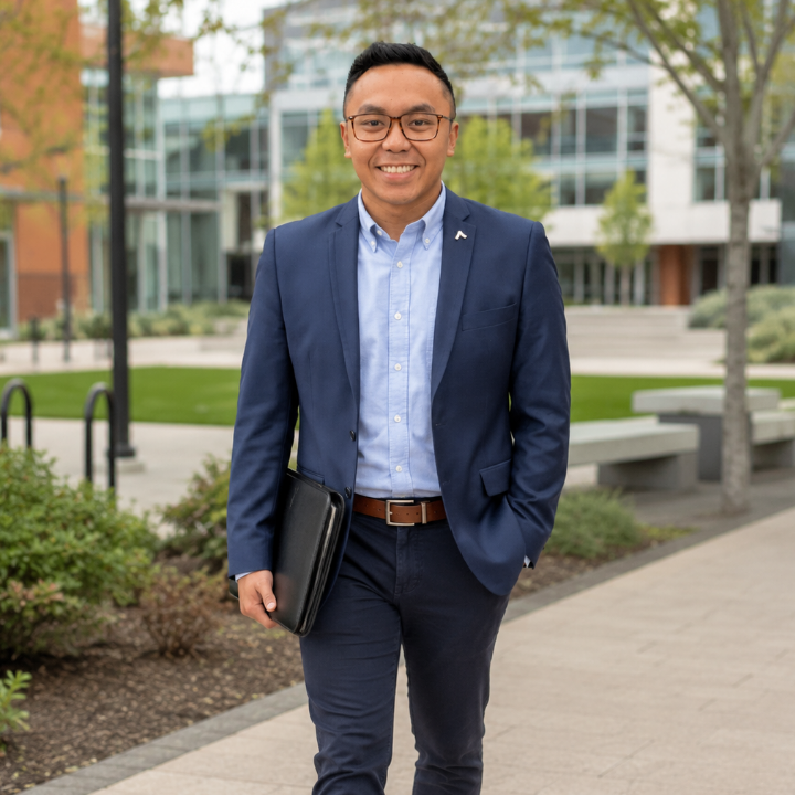 Photo of Jay Rojas standing at a university campus