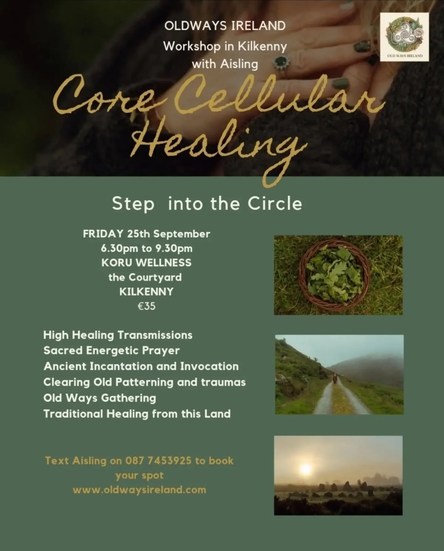 CORE CELLULAR HEALING 

KILKENNY 
Friday 25th 6.30pm to 9.30pm 

Join Aisling for a Deeply transformational Session or Workshop 

Together we will sit in an Ancient Space of transformational transmutational energy to clear all blockages, patterns and