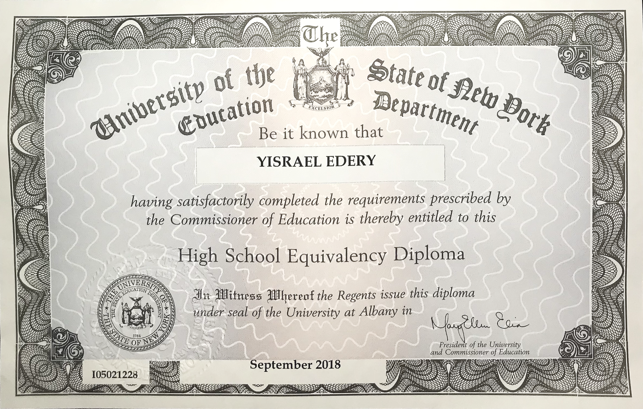 High School Equivalency (GED/TASC) Diploma (September 2018)