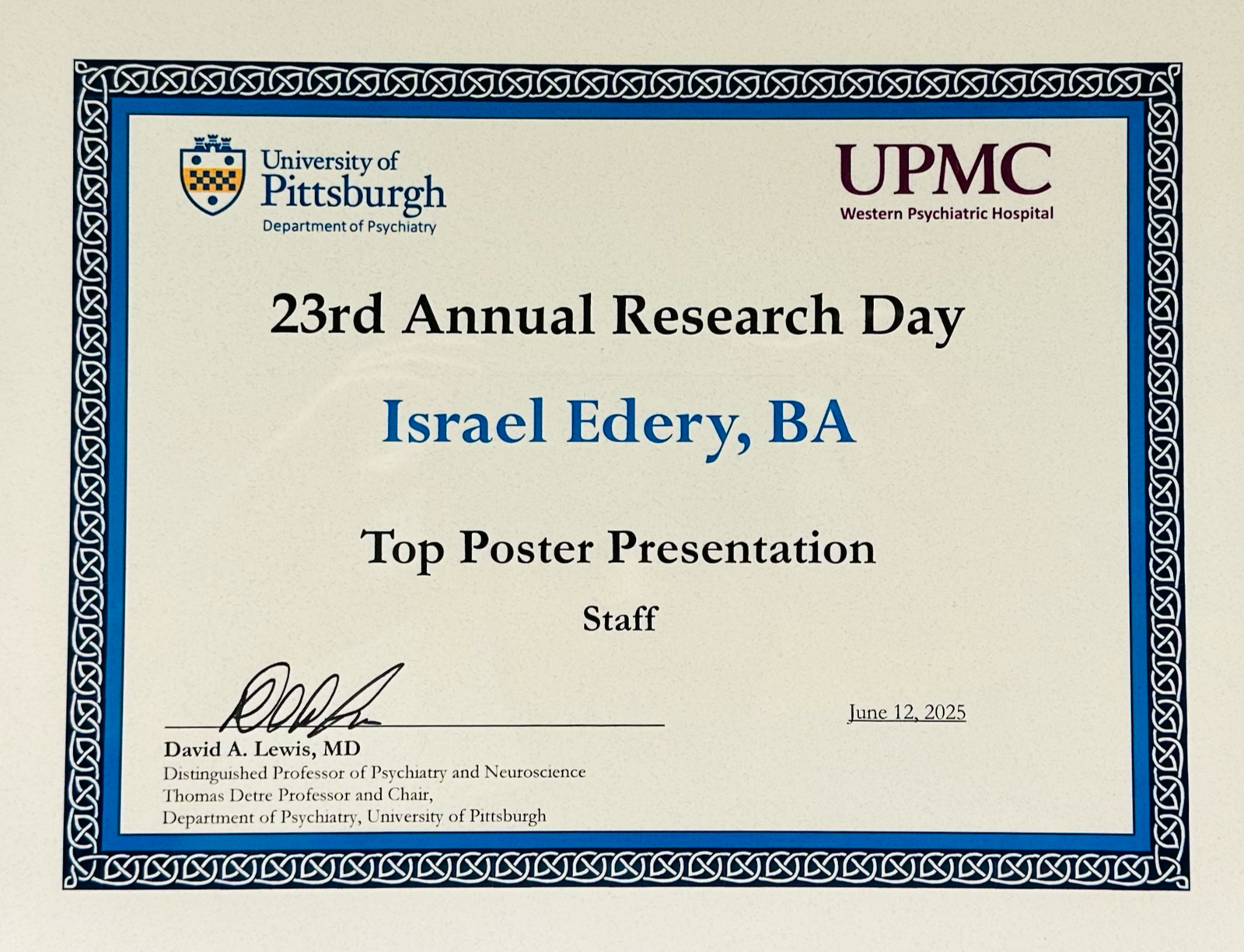 Top Poster Presentation Award - University of Pittsburgh Department of Psychiatry (June 2025)