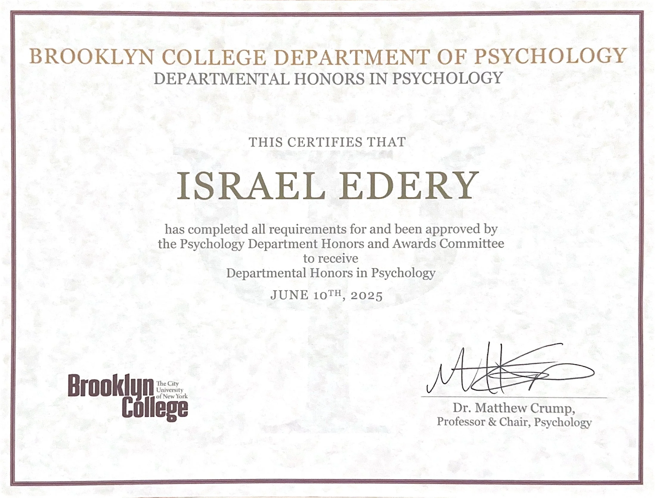 Departmental Honors in Psychology - CUNY Brooklyn College (June 2025)
