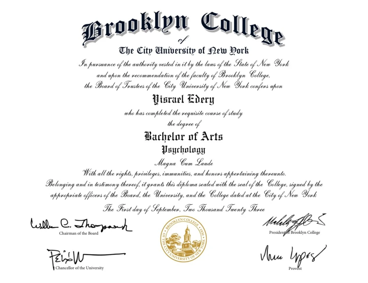 Bachelor of Arts in Psychology | Magna Cum Laude - CUNY Brooklyn College (September 2023)