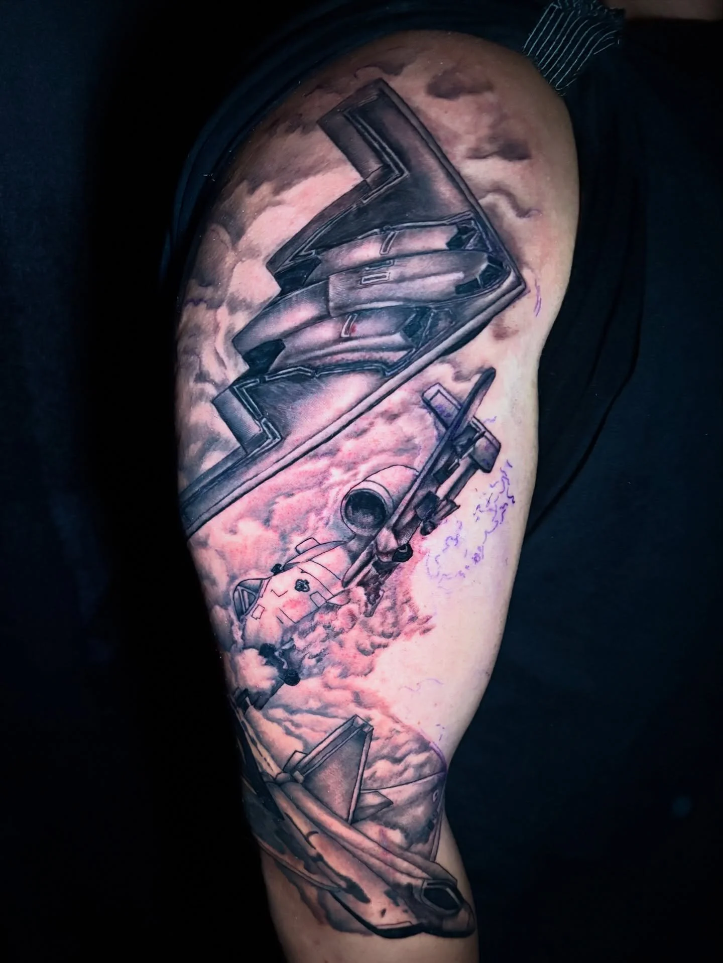 Got a great start to Nikki&rsquo;s fighter jet sleeve! Twelve year old me is so pumped for this project. #axysrotary #tattooloverscare  #tattooawards #tattoo #tattoos #tattooed #tattoosleeve #tattoosbyashley #tattooedgirls #kansascity #kctattoo #kcta