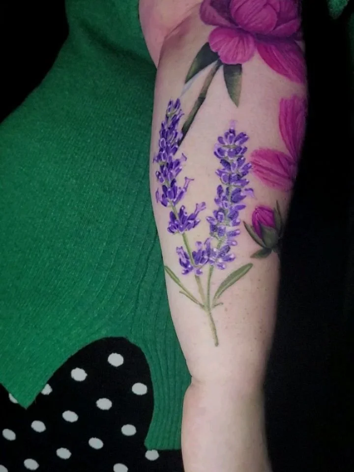 I had a great time adding these pink peonies to the growing collection. The lavender healed nicely! I can't wait to add some more flowers to this project. As always, thanks for looking! 

DM, email, or call the shop for booking! I'd love to do your n