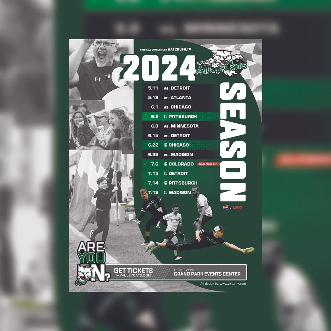 Calling all Indianapolis Alley Cats fans!⁠
⁠
The wait is over - the 2024 schedule is HERE! ️(and doesn't the design look nice :p) Check out more information and get tickets at https://www.myalleycats.com/⁠
⁠
#AmericasUltimateTeam #NaptownNiceBoiz #Al