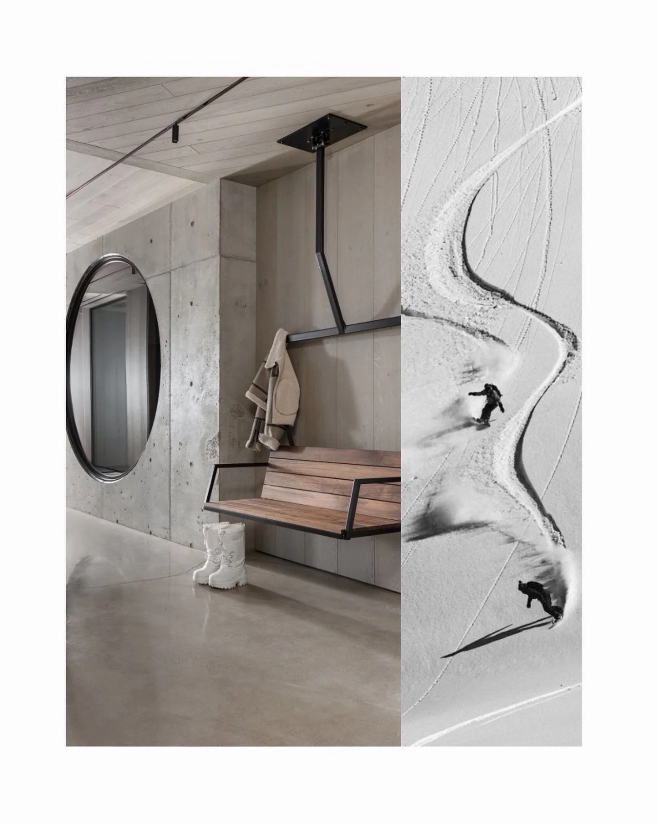 If you&rsquo;re building somewhere with a view worth designing around, let&rsquo;s talk about how to meet it at the door.

Concrete grounds the space, white oak warms it, and a retired chairlift bench &mdash; reupholstered, rehung &mdash; does the re