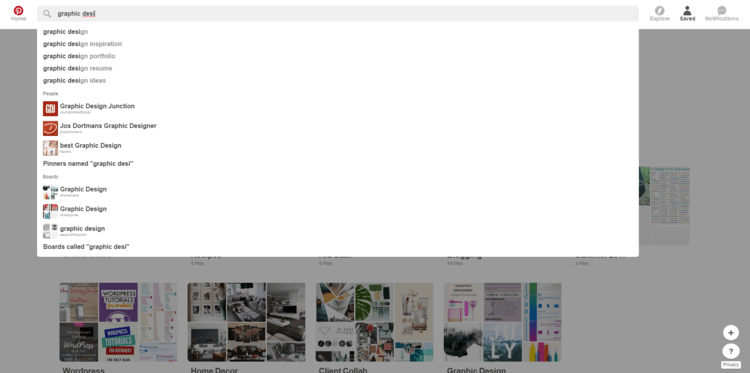 Screenshot of the Pinterest search bar with "graphic desi" typed in and suggested searches like graphic design inspiration