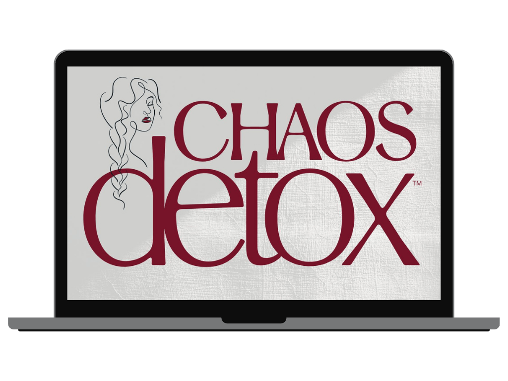 Laptop screen displaying "CHAOS detox" in bold maroon text, promoting a productivity coaching program with a line art woman's face.
