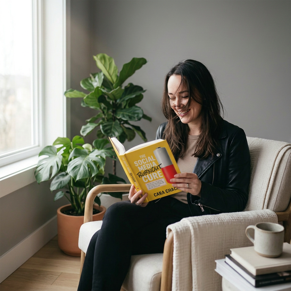Woman entrepreneur sitting in a chair reading The Social Media Burnout Cure by Cara Chace