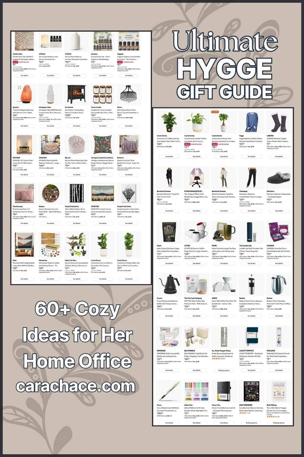 Collage of 60+ hygge gift ideas for a cozy home office, from lighting to books, in one gift guide