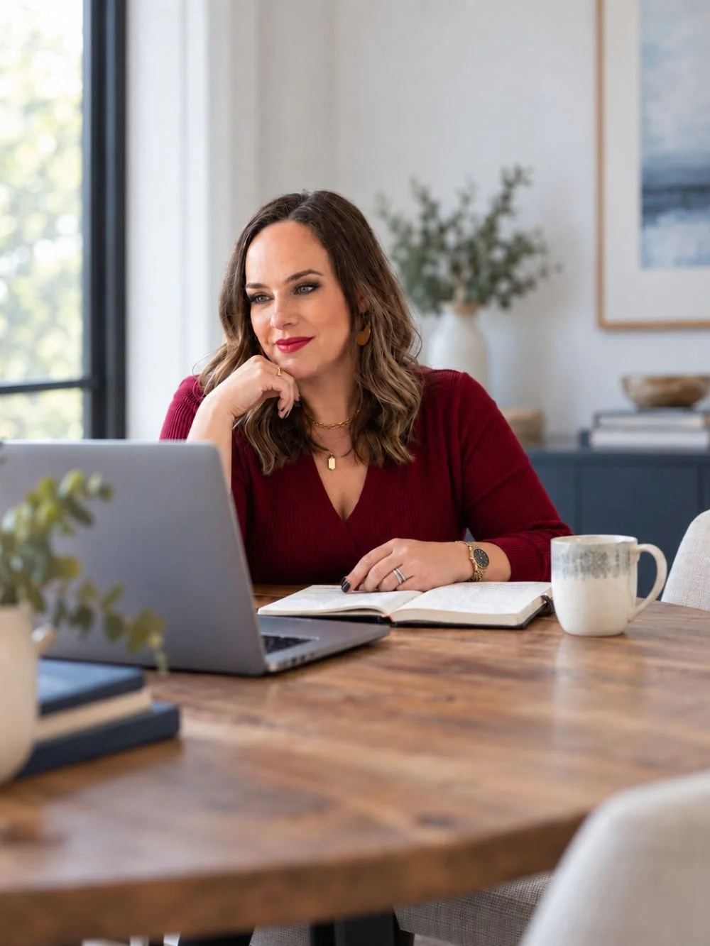 Cara Chace, marketing coach for women, working at her laptop with coffee and a notebook