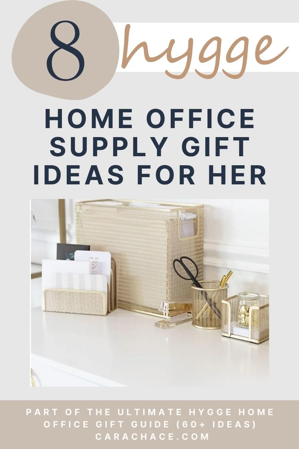 Gold desk organizer with pens and mail sorter for hygge office supply gifts
