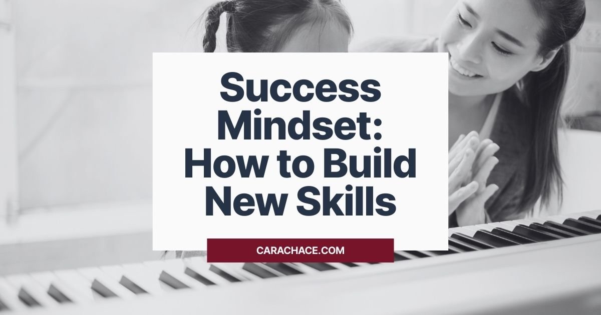 A woman smiles and encourages a child at the piano, highlighting the power of a success mindset to build new skills.