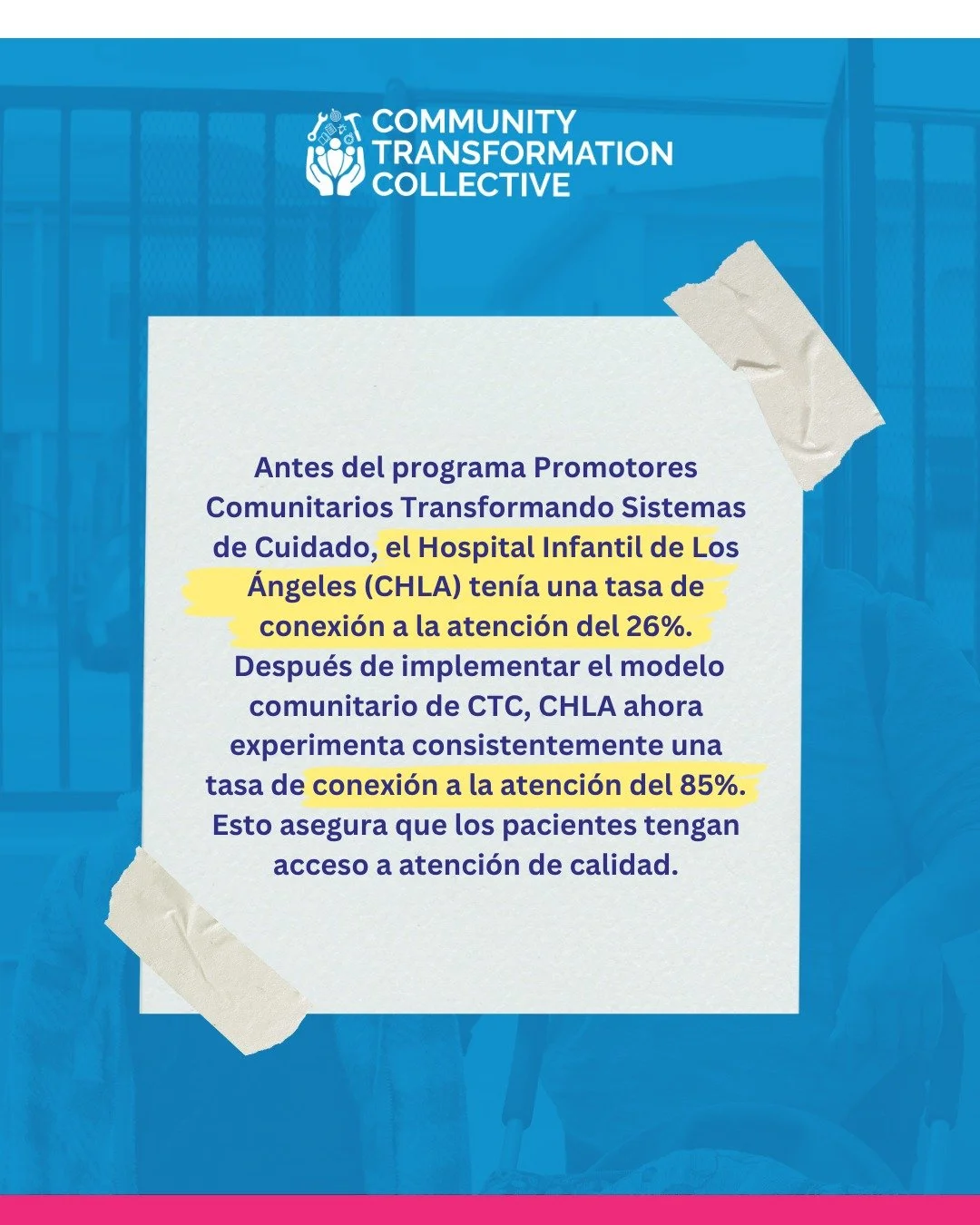 Del 26% al 85% de conexi&oacute;n a la atenci&oacute;n 📈

Esto es lo que pasa cuando invertimos en promotores comunitarios. El Hospital Infantil de Los &Aacute;ngeles transform&oacute; su sistema trabajando con CTC.

No son solo n&uacute;meros, son 