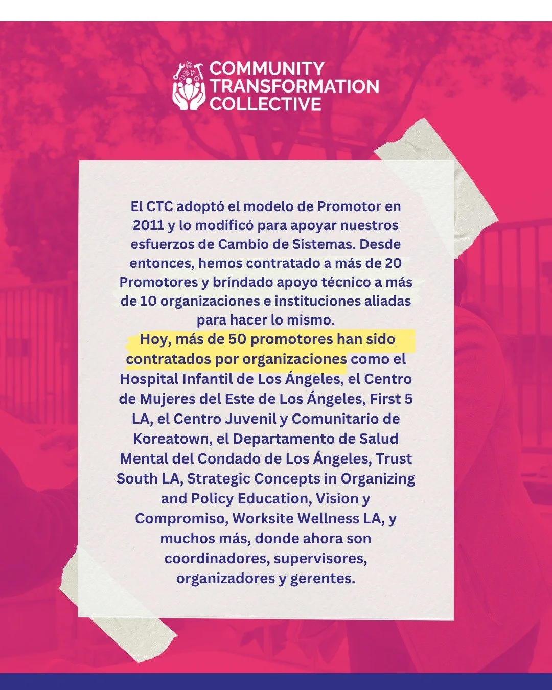 En 2011, comenzamos con un sue&ntilde;o: apoyar el cambio desde adentro de nuestras comunidades. Hoy, m&aacute;s de 50 promotores trabajan en organizaciones aliadas por toda LA. 🌟

Cada promotor es m&aacute;s que un n&uacute;mero - es esperanza, lid