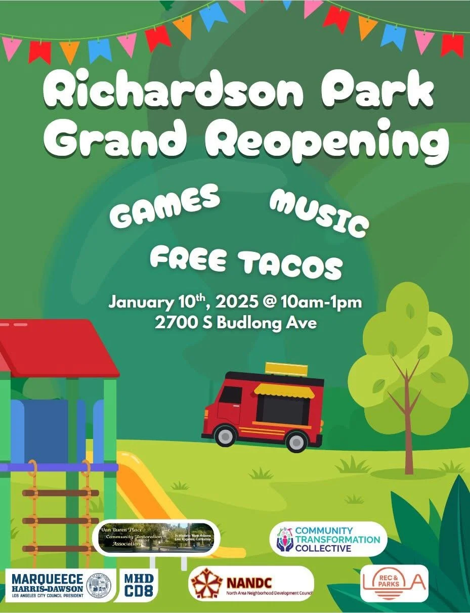 🎉 Richardson Park Grand Reopening! 🎉
Join us for a fun celebration with games, music, and FREE tacos for the whole family!

📅 Date: January 10, 2026
🕙 Time: 10:00 AM - 1:00 PM
📍 Location: 2700 S Budlong Ave

Don&rsquo;t miss it! Bring your famil