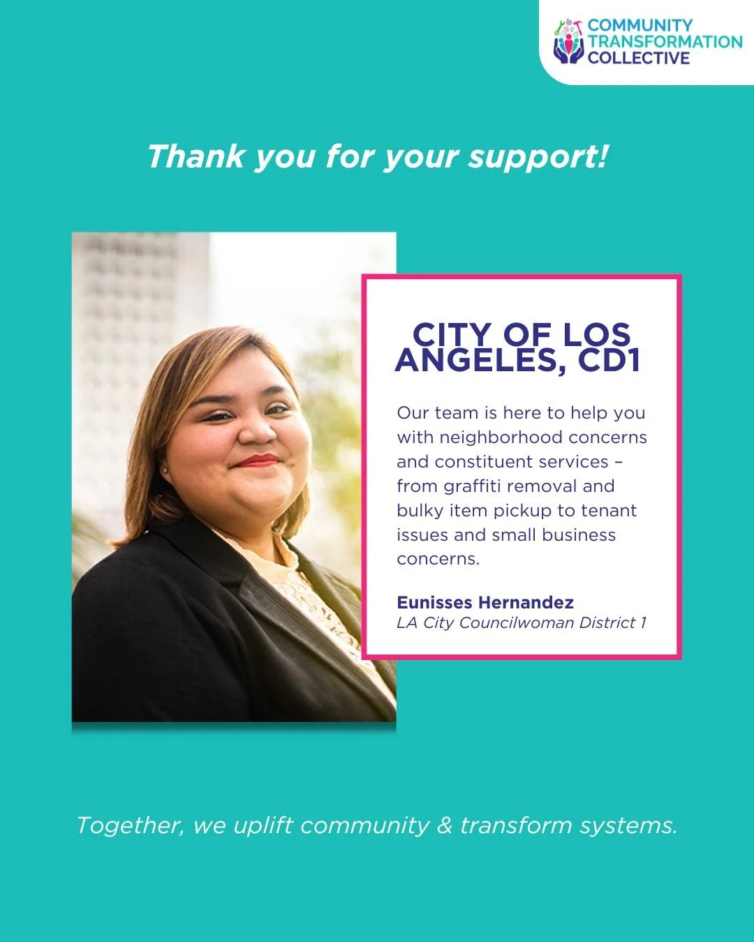 We want to say a huge thank you for your support! 🤝✨

We&rsquo;re highlighting Eunisses Hernandez and the team at City of Los Angeles, Council District 1. Their dedication to helping neighbors with everything from constituent services to small busin
