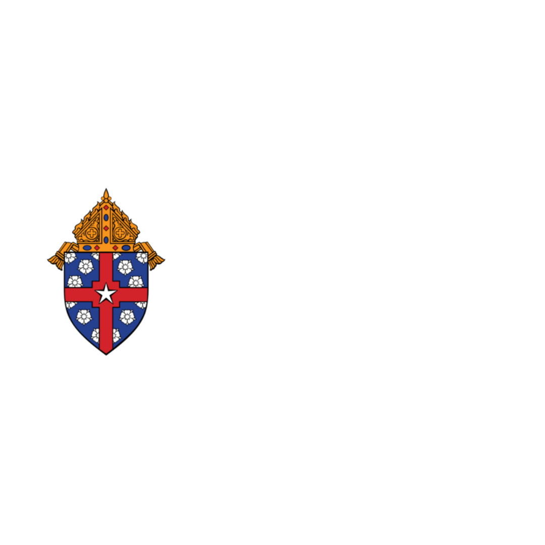 The seal of the Archdiocese of Galveston- Houston, featuring a shield with a red cross and a white star in the center, topped with a gold episcopal crown, alongside text that reads 'Archdiocese of Galveston- Houston'.