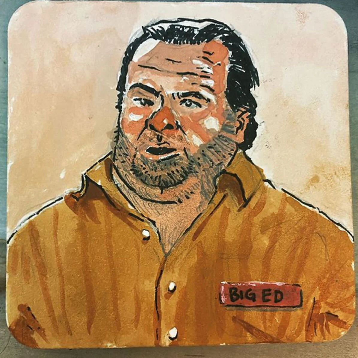 Big Ed 1 - mixed media on a coaster