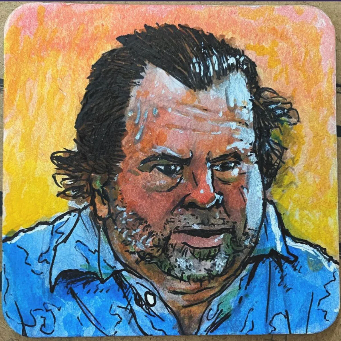 Big Ed 2 - mixed media on a coaster