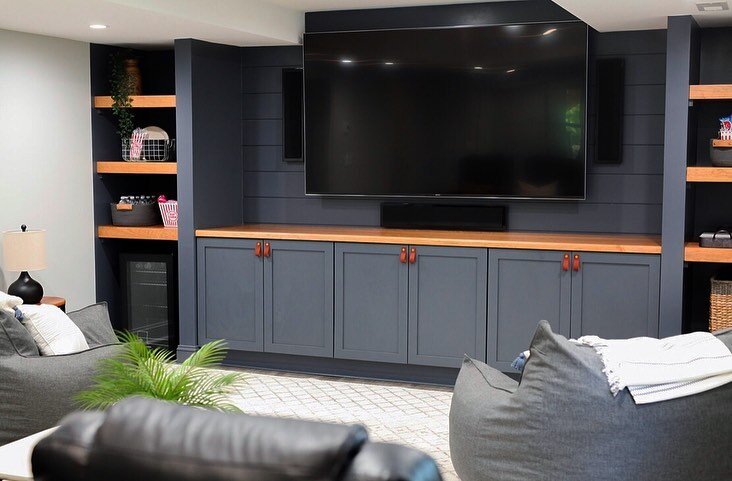 Movie Room 🎥 🍿 

Scope: we remodeled the entire basement to include a movie room, office and bathroom. What was once a storage unit has now become the family gathering place. 

Design: I knew I wanted an element of surprise that you wouldn&rsquo;t 