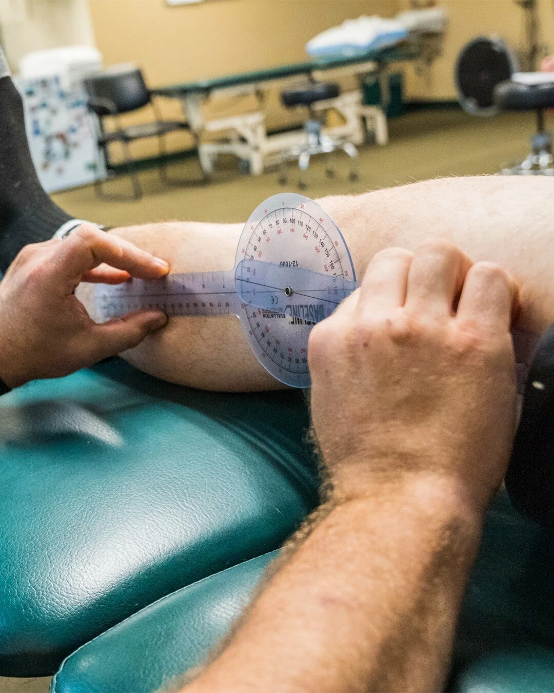 Your physical therapist will use a goniometer to measure your joint's range of motion, how much movement you have at that specific body part. ⠀
⠀
Each joint has specific motions that it carries out, for example, your knee joint flexes (bends in) and 