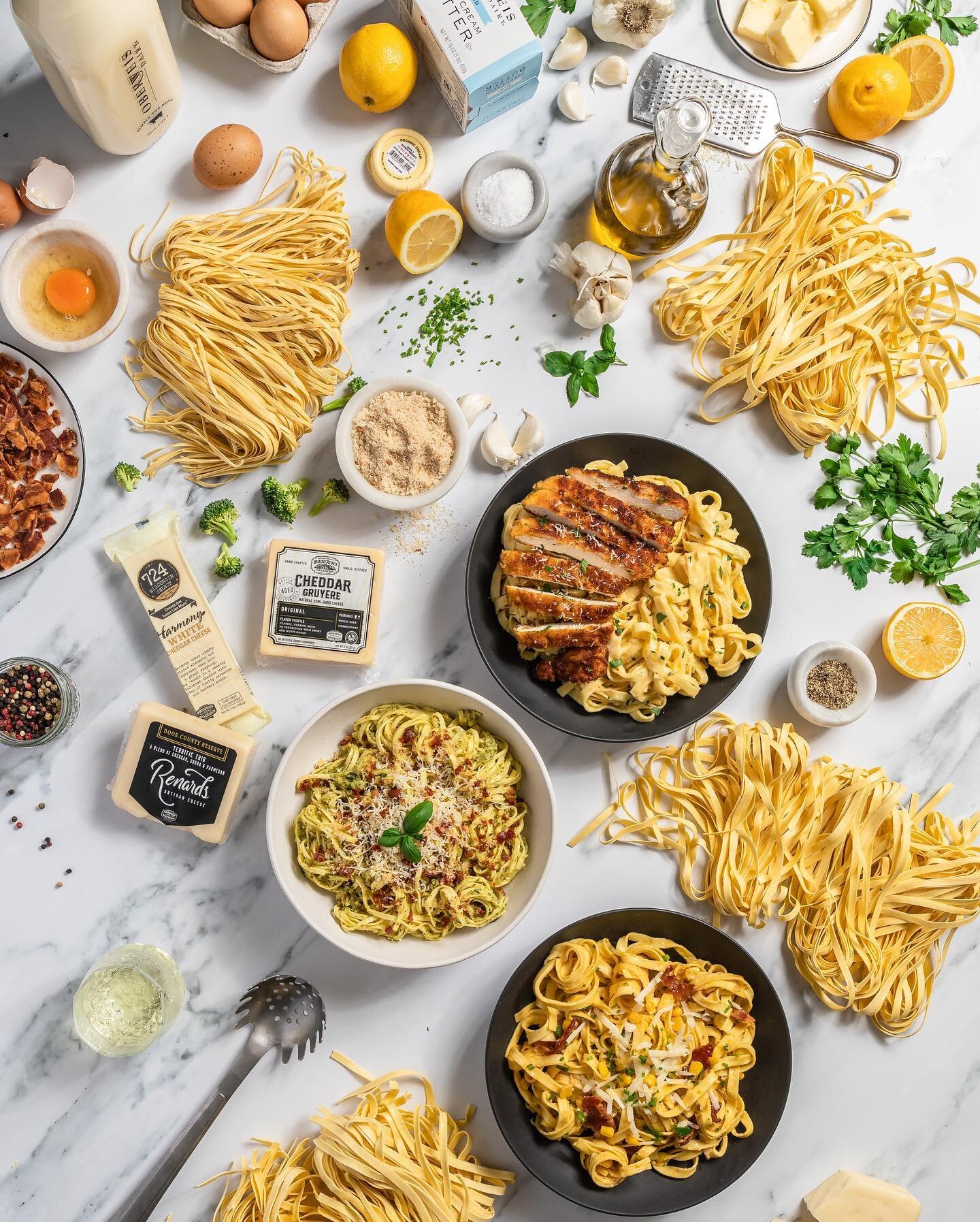 PASS THE PASTA 🍝 ⁣
⁣
Loved creating this spread for @oberweisdairy Home Delivery featuring cheddar Alfredo, broccoli pesto, and spicy corn carbonara. ⁣
⁣
My kinda Friday night feast 🙌 ⁣
Which one would be your first pick?