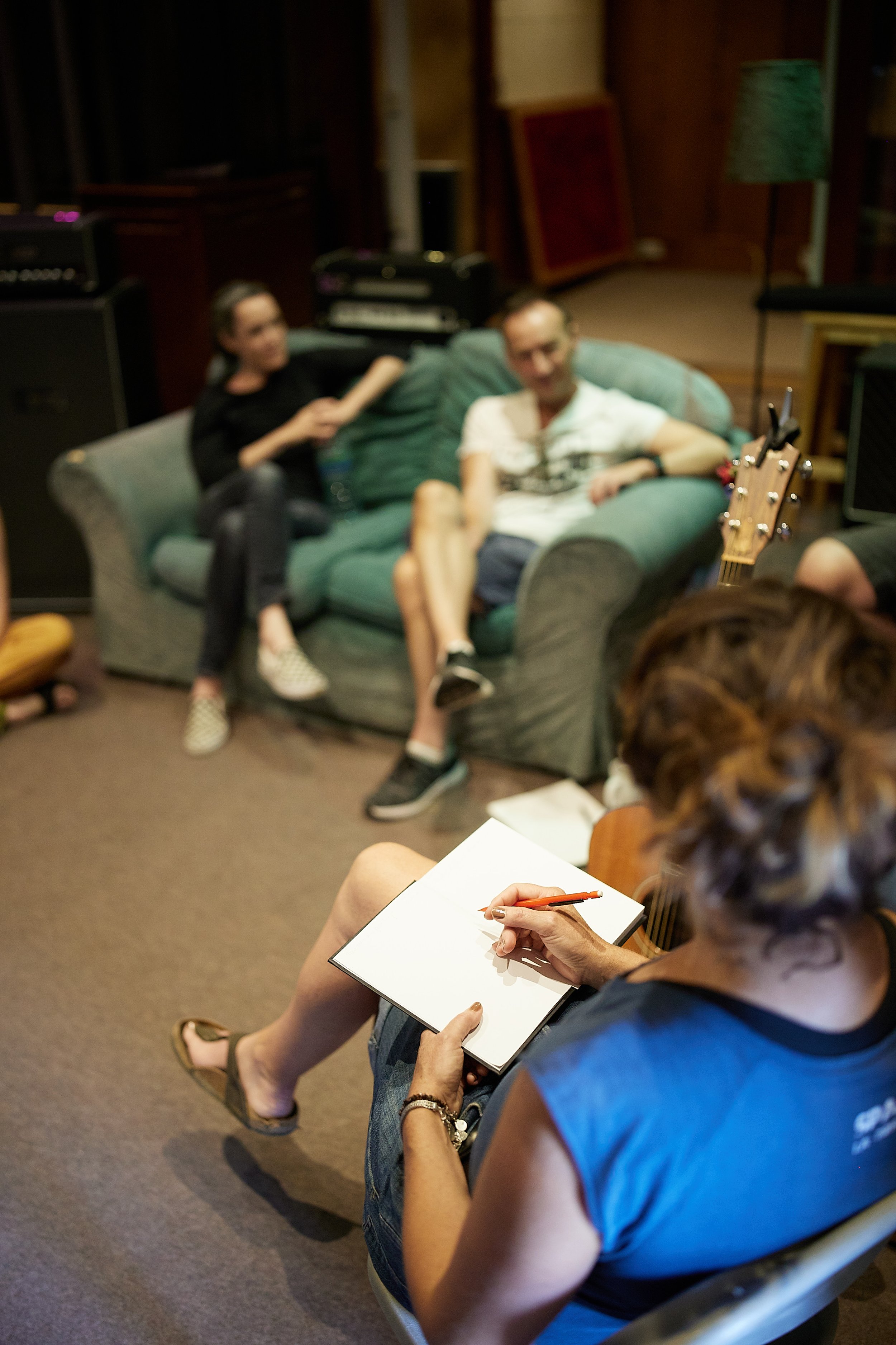 Musicians sitting around preparing for a songwriting session at Pro7ect Rockfield studios