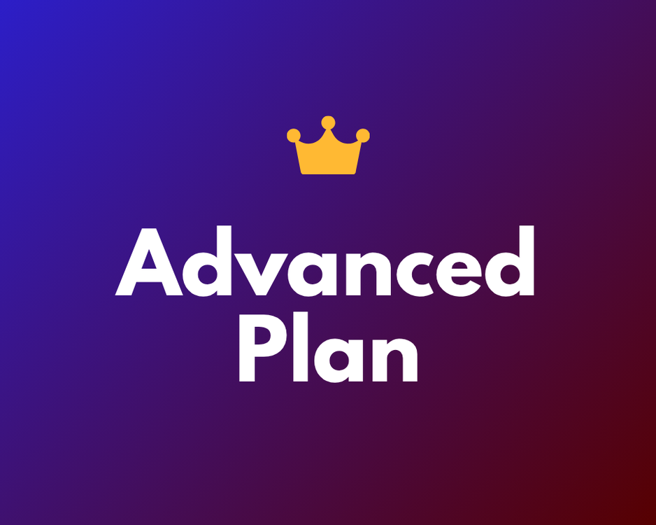 Graphic with a yellow crown icon above the words 'Advanced Plan' in bold white text on a gradient background