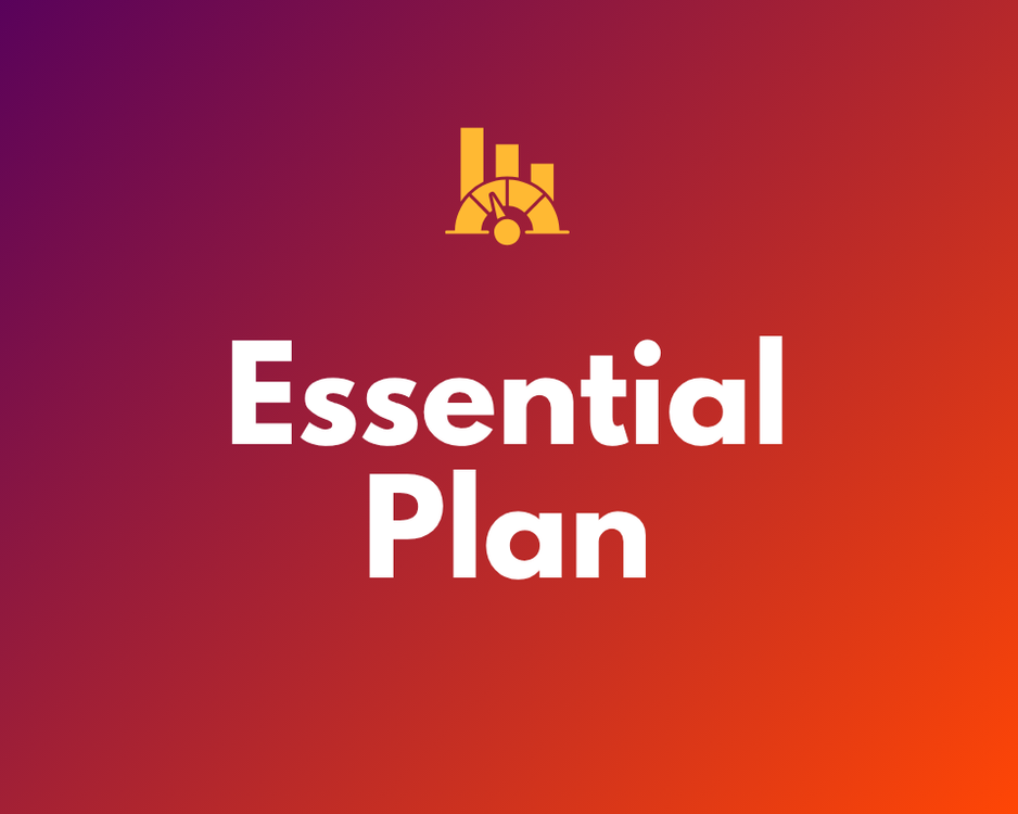 Colorful gradient background with white text that reads 'Essential Plan' and a yellow icon of a bar chart above the text.