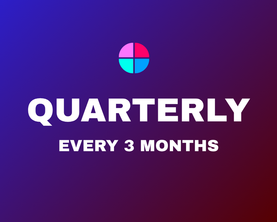 A vibrant background with a circular logo divided into four colored quadrants: pink, red, blue, and purple. Overlaid text reads "QUARTERLY" in large white bold letters, and "EVERY 3 MONTHS" in smaller white bold letters.