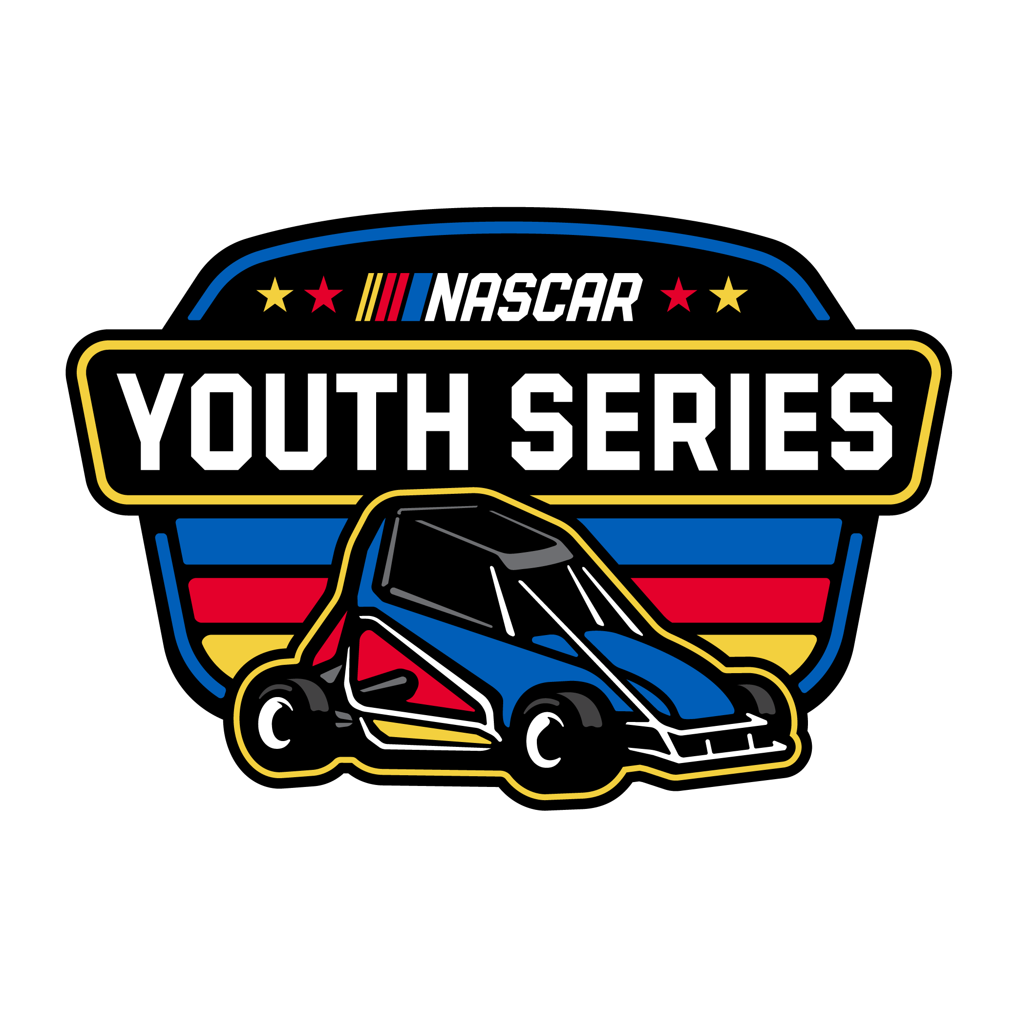 NASCAR Youth Series logo with a stylized race car in red, blue, black, and white on a black background.