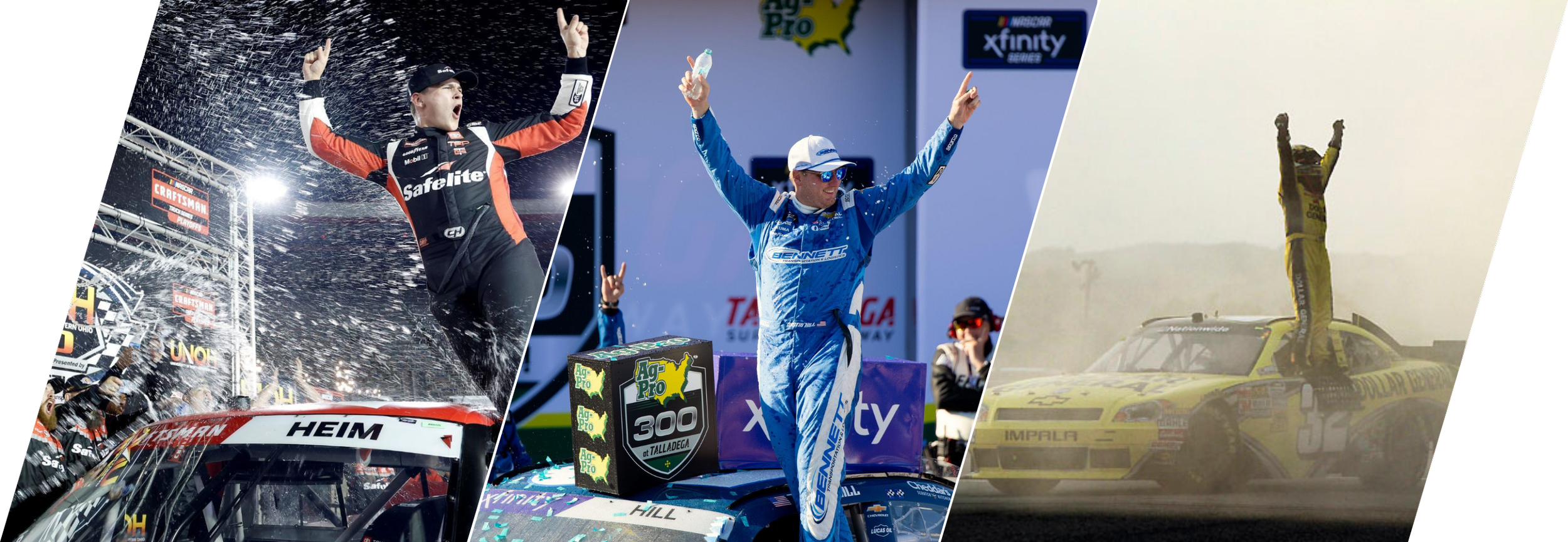 Composite image featuring NGQMA alum Corey Heim, Austin Hill, and Reed Sorenson celebrating on their respective vehicles and podium after a NASCAR race win.