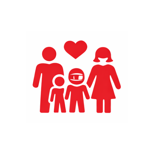 A graphic of family icon consisting of two adults and two children, holding hands, with a heart above them.