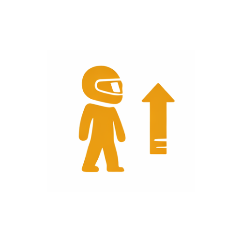A graphic of a person wearing a helmet with a visor and an upward pointing arrow.