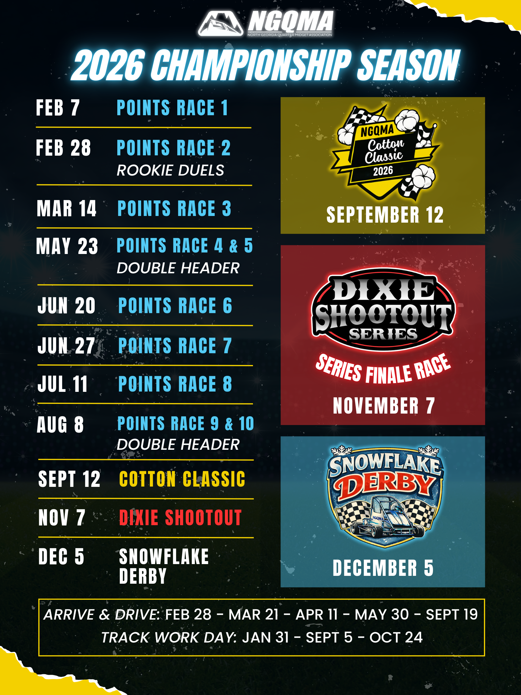 2026 North Georgia Quarter Midget Association (NGQMA) racing schedule featuring events from February to December, including points races, the Cotton Classic, Dixie Shootout, Snowflake Derby, with dates and descriptions for each event.
