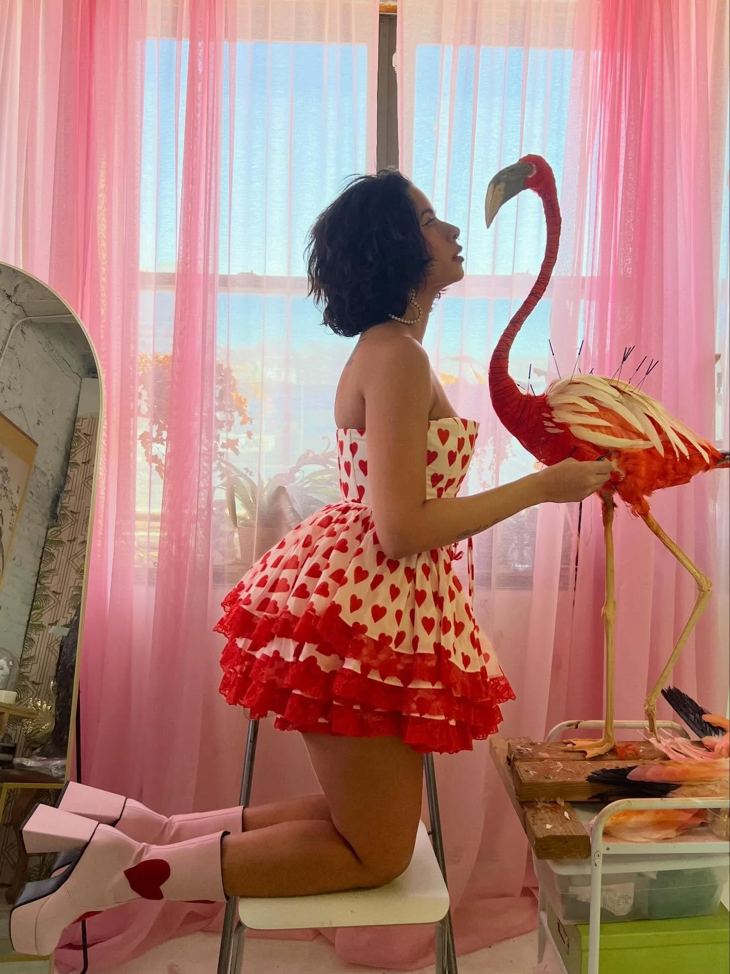 Love is a work in progress 💓🦩 

REPLICA flamingo coming along feather by feather! The white feathers will be individually dyed and layered. (These replicas are made with real bird feathers from domestic chickens and geese, dyed and manipulated. No 