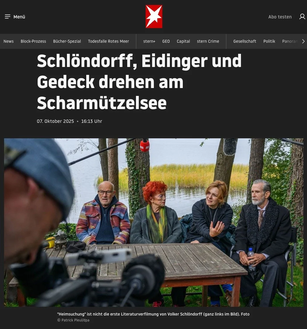 👉 Volker Schl&ouml;ndorff verfilmt am Scharm&uuml;tzelsee Jenny Erpenbecks Roman &quot;Heimsuchung&quot;. Vor der Kamera des Oscarpreistr&auml;gers steht viel deutsche Filmprominenz. Foto &copy; Patrick Pleul/dpa

Quelle: https://www.stern.de/gesell